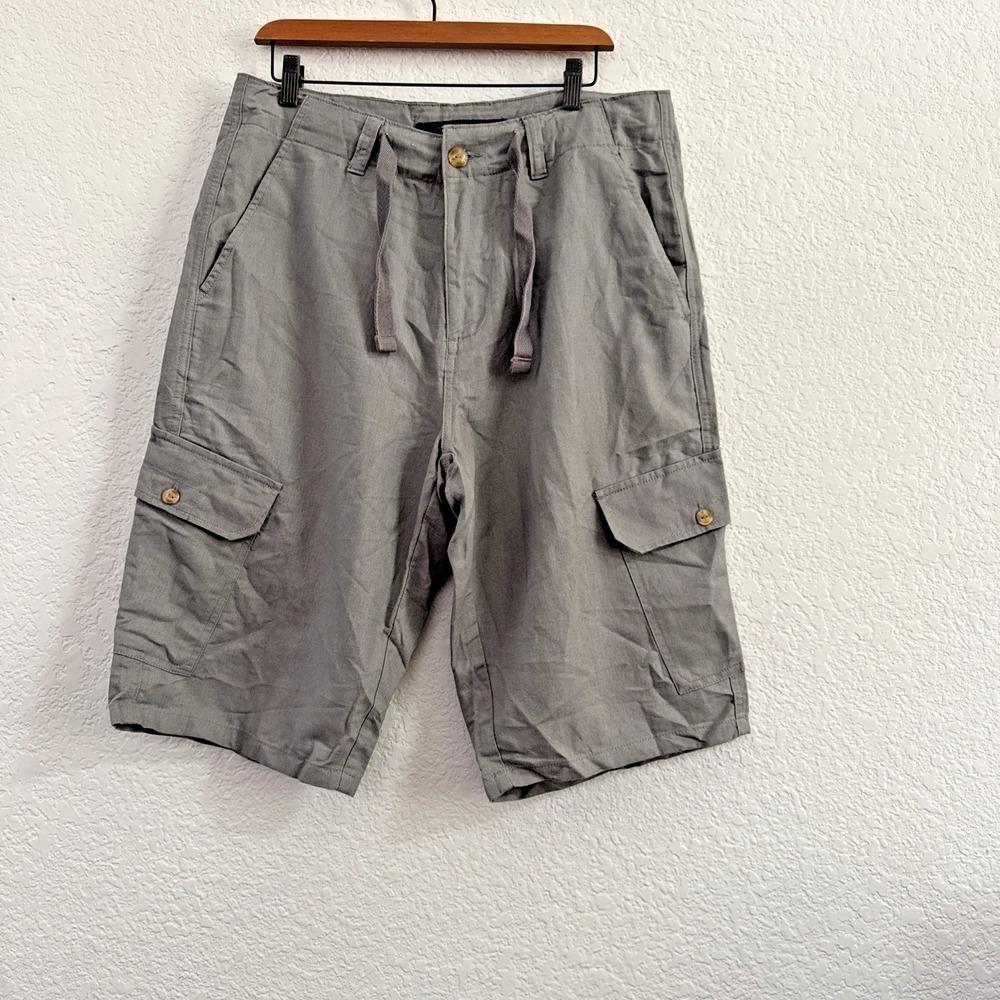 Sean John Men's Gray Cargo Shorts Size 32 Linen Cotton Blend Drawstring Waist